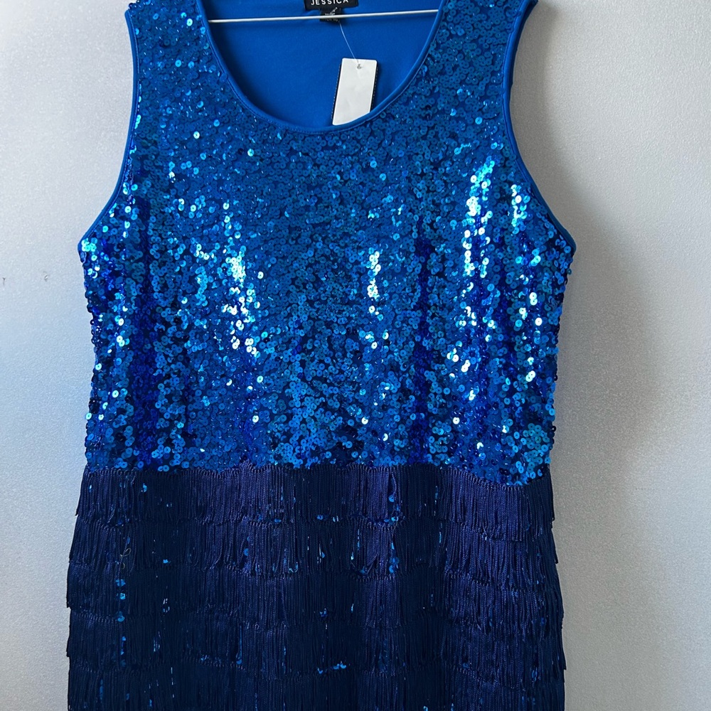 Jessica Blue Sequin Fringe Dress, 18W, (16-18)